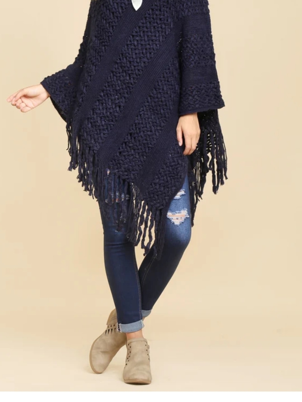 Free People Navy Patterned Fringe Knit Poncho